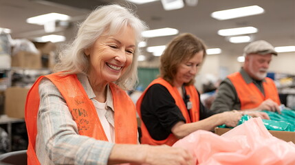 Senior volunteers smiling while sorting donations in community center, charity donation concept