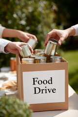 Hands placing jars into donation box during food drive event  , charity donation concept