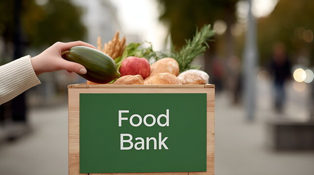 Hand placing food item in food bank donation box outdoors  , charity donation concept - Powered by Adobe