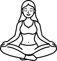Woman in lotus pose meditating with eyes closed and peaceful expression line art .eps