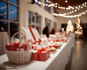 Festive dessert table with red decorations and fairy lights for Christmas , charity donation concept
