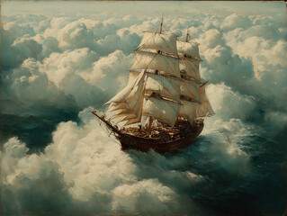 Majestic sailing ship navigating through fluffy clouds over turbulent ocean waves at sunset