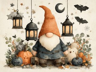 Charming autumn gnome surrounded by lanterns, pumpkins, and bats during Halloween season