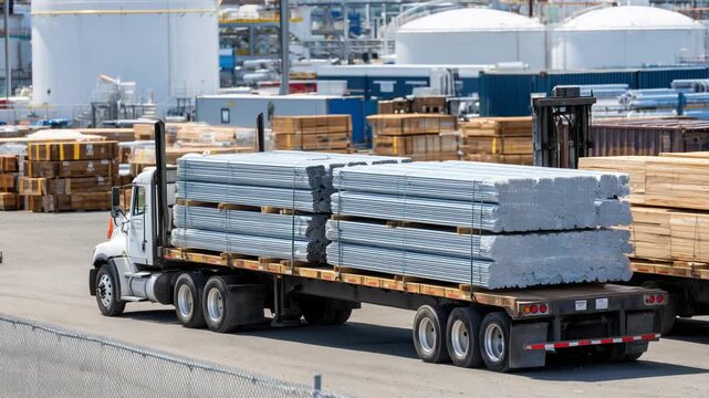 A bustling 63Logistics yard features flatbed trailers with metal pipes, workers securing loads, and nearby steel storage tanks.