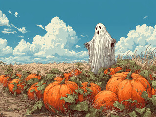A ghost stands among bright orange pumpkins in a field under a clear blue sky with fluffy clouds