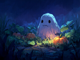 Cute ghost peeking out from behind pumpkins in a dark, mysterious garden at night