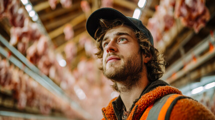 Young man exploring a meat processing facility with a thoughtful expression