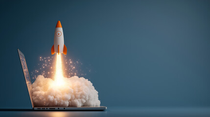 Naklejka premium Rocket Launching from Laptop Screen: A Symbol of Rapid Progress