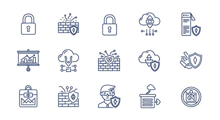 A collection of cybersecurity and data protection icons in a line art style on a white background