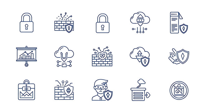 A collection of cybersecurity and data protection icons in a line art style on a white background