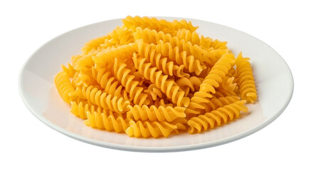 Plain cooked fusilli pasta on a white plate
