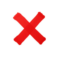 Bold red 'X' mark with thick marker stroke texture, centrally placed on a pristine plain white background. Flat lay, even studio lighting. Symbolizing cancellation, incorrect answer, or wrong choice.