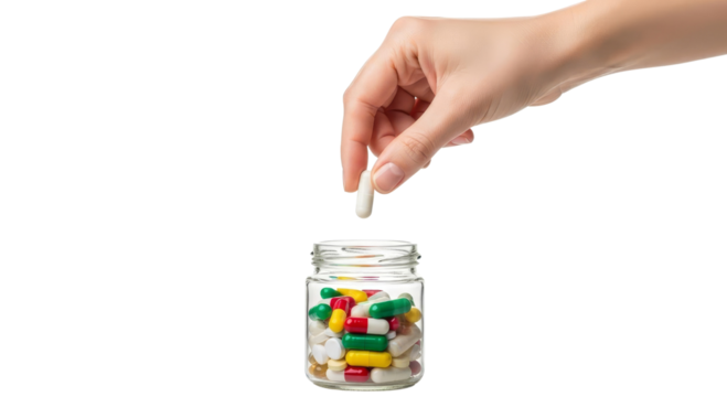 Hand taking a pill from a glass jar of capsules