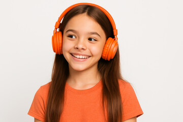 Smiling Young Girl Wearing Bright Orange Headphones Looking to the Side – Isolated Portrait on White Background

