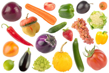 Collection of bright tasty ripe vegetables, fruits and berries isolated on white