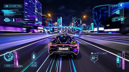 Futuristic video game scene with a rear-view angle of a neon-lit car racing through a vibrant cityscape, showcasing a dynamic, cyberpunk style. Live desktop wallpaper. - Powered by Adobe