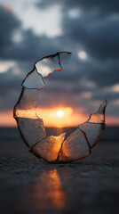 Shattered Beauty: Broken Glass Art Refracting a Stunning Sunset Sky