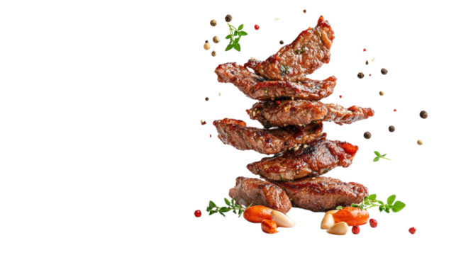 Grilled Beef Slices Stacked with Herbs and Spices Isolated on Transparent Backdrop