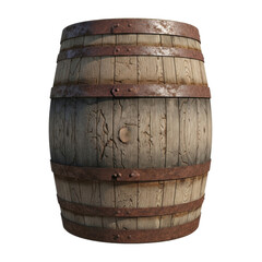 Rustic wooden barrel with rusted metal bands on transparent background