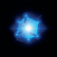Blue neon transparent cube with rays, glow, highlights and bright light from the center.