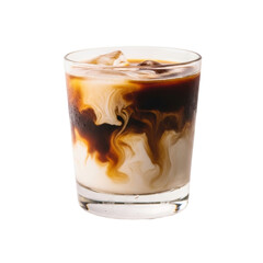 Iced coffee with milk swirls in a glass on transparent background