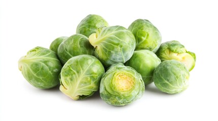 Brussels Sprouts Isolated on White Background. Fresh Green Vegetables with Full Depth of Field for Food, Nutrition, and Healthy Eating Concepts
