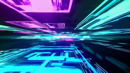 Futuristic video concept with neon blue and pink digital panels. Dynamic low-angle view creates a sense of speed and innovation. Live desktop wallpaper. - Powered by Adobe