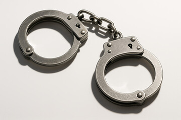 Stainless Steel Handcuffs with Chain – Realistic Law Enforcement Symbol Isolated on White Background
