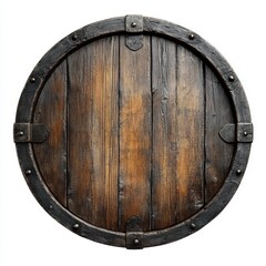 Fototapeta premium Wooden barrel lid with metal rim and rivets isolated on white background