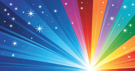 Colorful burst of light with starry sky background in a gradient rainbow design