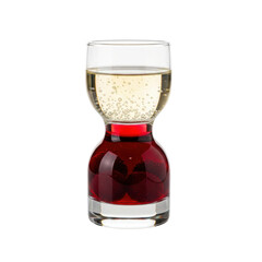 Dual-chamber glass with clear and red liquid bubbles on transparent background