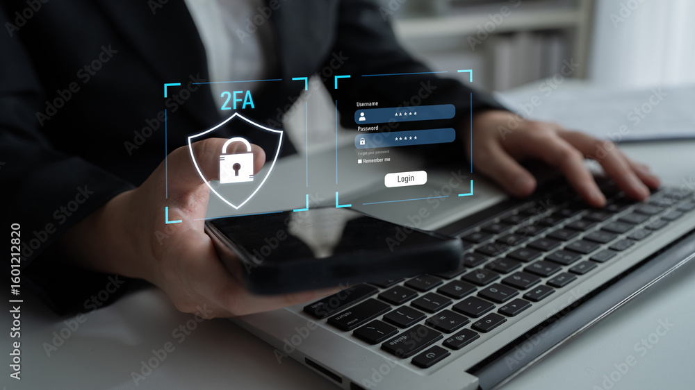 Poster two-factor authentication strengthens login system security. adds protection, two-factor authenticat