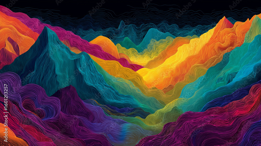 Poster vivid chromatic mountain ranges undulating with an expressionistic linear style.