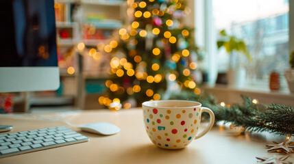 Cozy holiday workspace with festive decorations and a cheerful polka dot mug