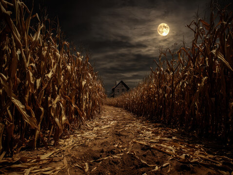 Eerie night scene of a deserted dirt path through a cornfield under a full moon and cloudy sky, with an abandoned house in the distance