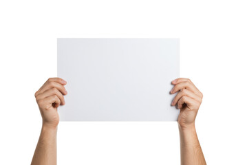 Two adult human hands (forearms) holding a pristine blank white paper sign, isolated against a transparent studio background with even diffused lighting and no shadows, a clean professional