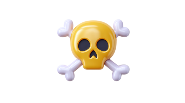 Skull and crossbones emoji-style 3D icon, stylized for playful or cautionary visuals Isolated on transparent background  - Powered by Adobe