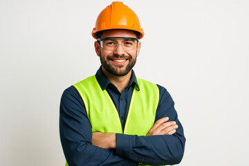 Confident Male Construction Worker in Helmet and Safety Vest with Arms Crossed – Isolated Studio Portrait