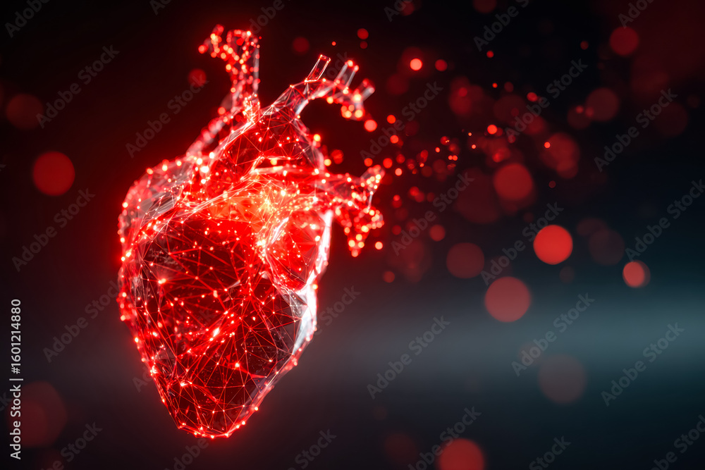 Poster digital illustration of a heart composed of glowing red interconnected lines and nodes with a dark b