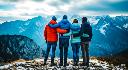 Four friends embrace on a mountain peak gazing at a majestic snow capped mountain range under a cloudy sky
