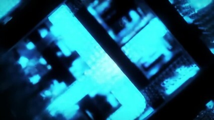 Futuristic computer processor with glowing blue neon light, depicting data processing on a microchip circuit board background. - Powered by Adobe