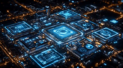 Futuristic cityscape composed of interconnected technology modules.