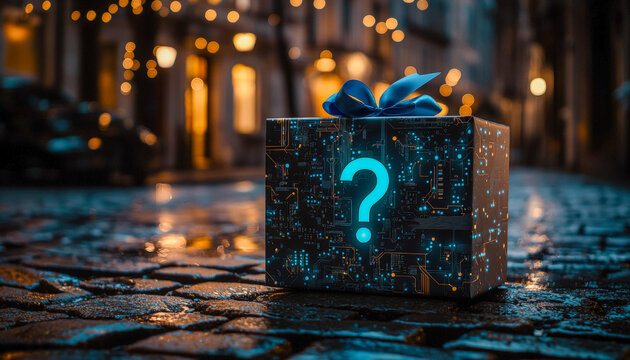 Mysterious tech-themed gift box with glowing question mark on a city street at night