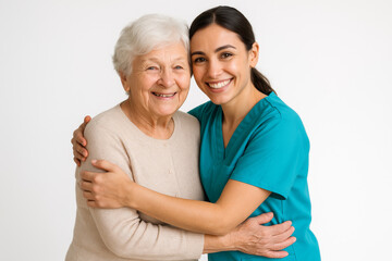 Senior Woman with Young Caregiver in Scrubs Smiling and Embracing – Isolated Studio Portrait on White Background

