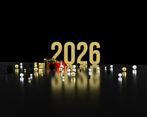 A 3D illustration of "2026" in gold text on a dark background with glowing lights and gift boxes, symbolizing New Year celebrations. 