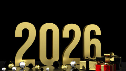 A 3D illustration of "2026" in gold text on a black background, surrounded by festive gift boxes and shiny ornaments, ideal for New Year celebrations.