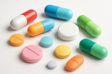 3D Rendered Capsules and Tablets on White Background – Colorful Pharmaceutical and Medical Industry Concept