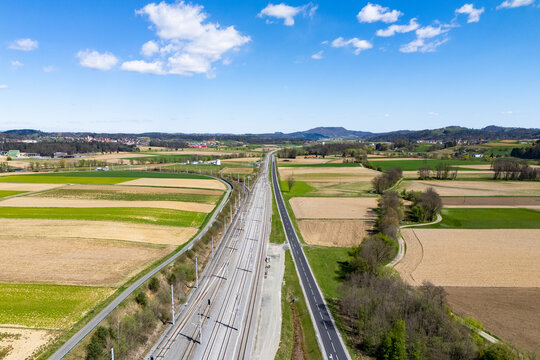 Railway track of the new Koralmbahn train connection between Graz and Klagenfurt