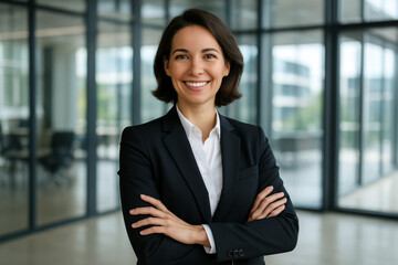 Confident Female Executive with Arms Crossed Smiling in Modern Office – Corporate Leadership Portrait