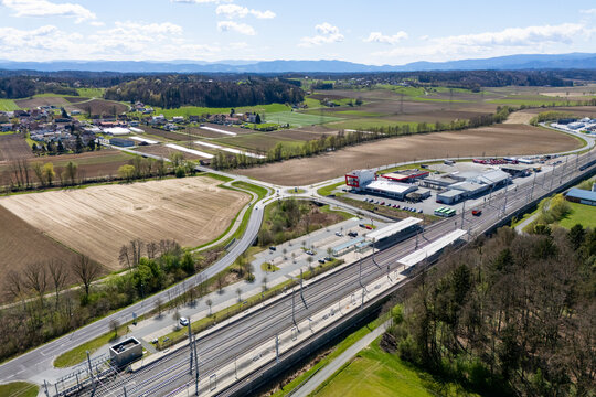 Koralmbahn infrastructure project between Graz and Klagenfurt. Railway station near Deutschlandsberg at the new built train track and public transport infrastructure.